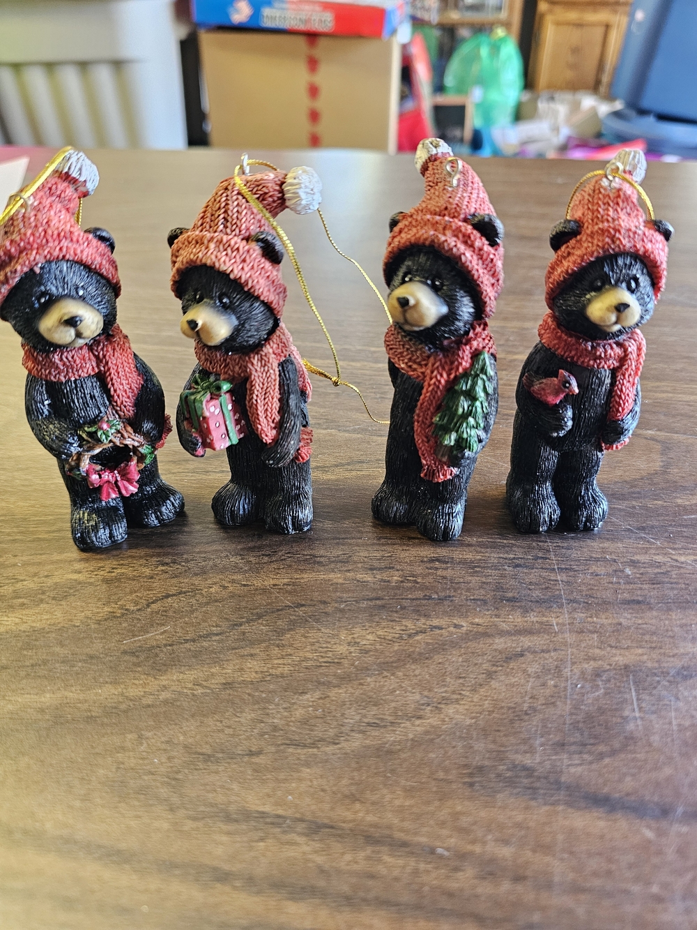 Holiday Black Bear Ornaments with Red Hats & Scarves - Set of 4 ❤️🖤